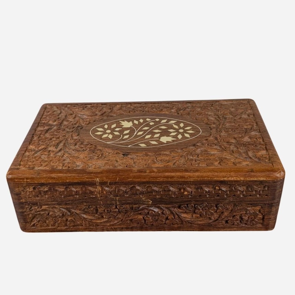 Hand Carved Wood Jewelry Box Floral Bone Inlay Blue Velvet Lined